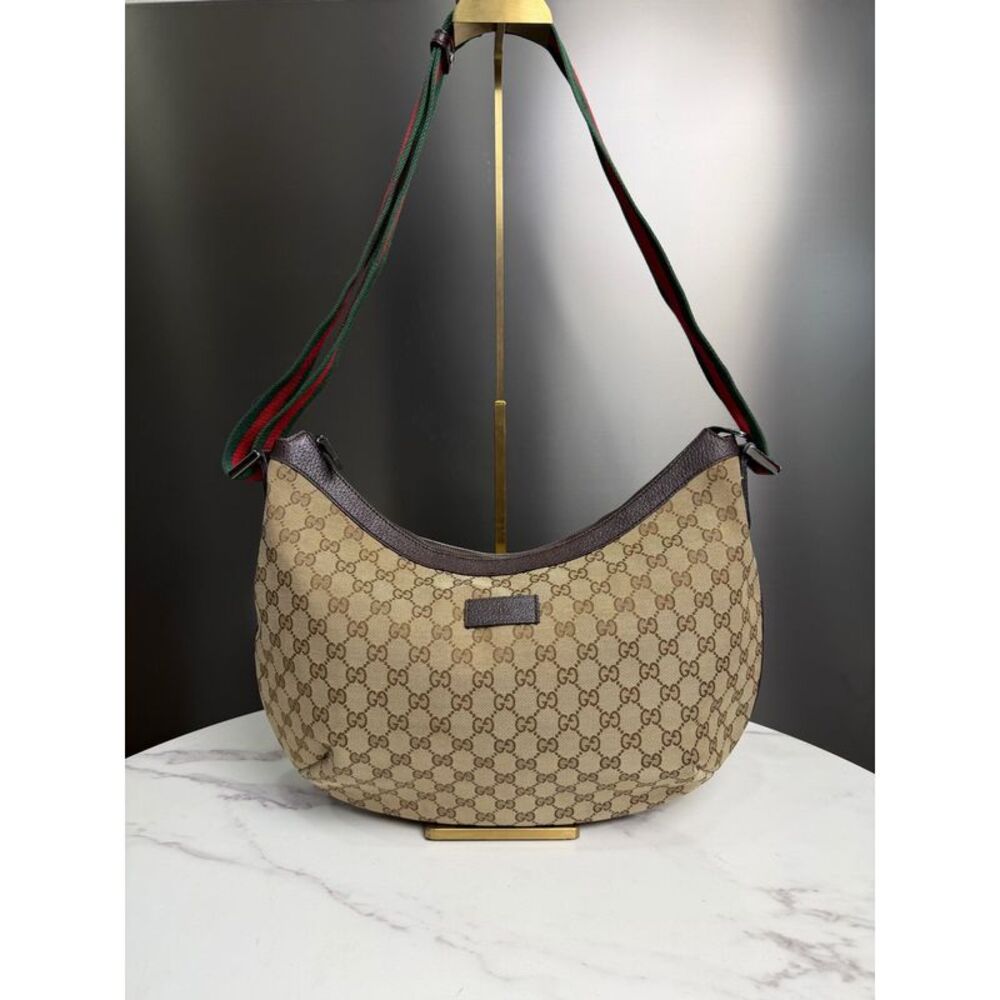 Gucci Beige GG Supreme Crescent Shoulder Bag with Green-Red Web Strap